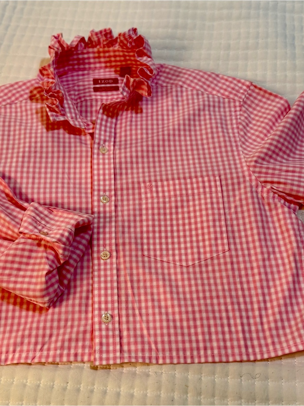 Upcycled Pink Gingham Button-Up Shirt with Ruffle Collar - Picture 4 of 9